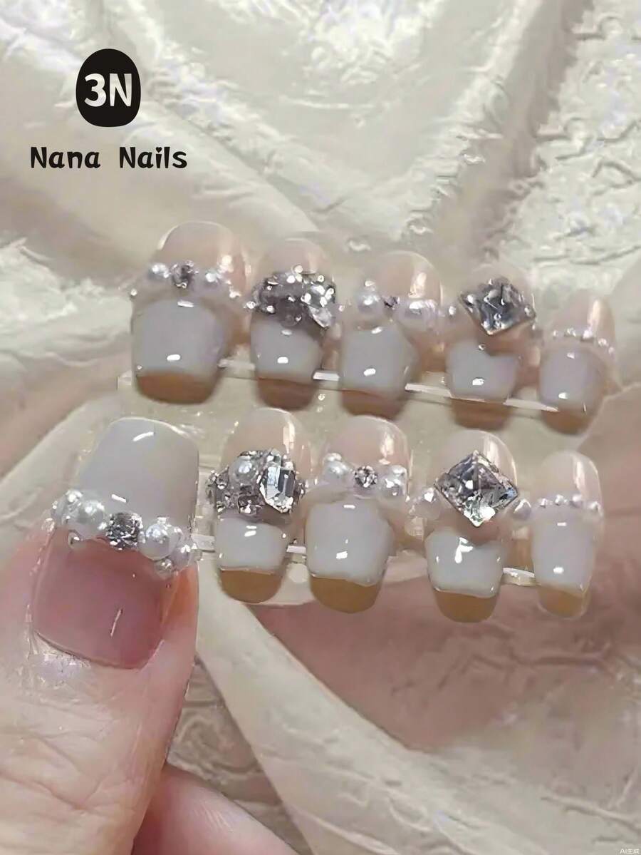 10 件手工制作中号 Cofin 按压指甲,情人节指甲,浪漫美甲,芭蕾舞女演员 DIY 假指甲法式指甲白色指甲,美甲用品水钻和珍珠,女士和女孩亮面假指甲 - 彩色 - 查看 1