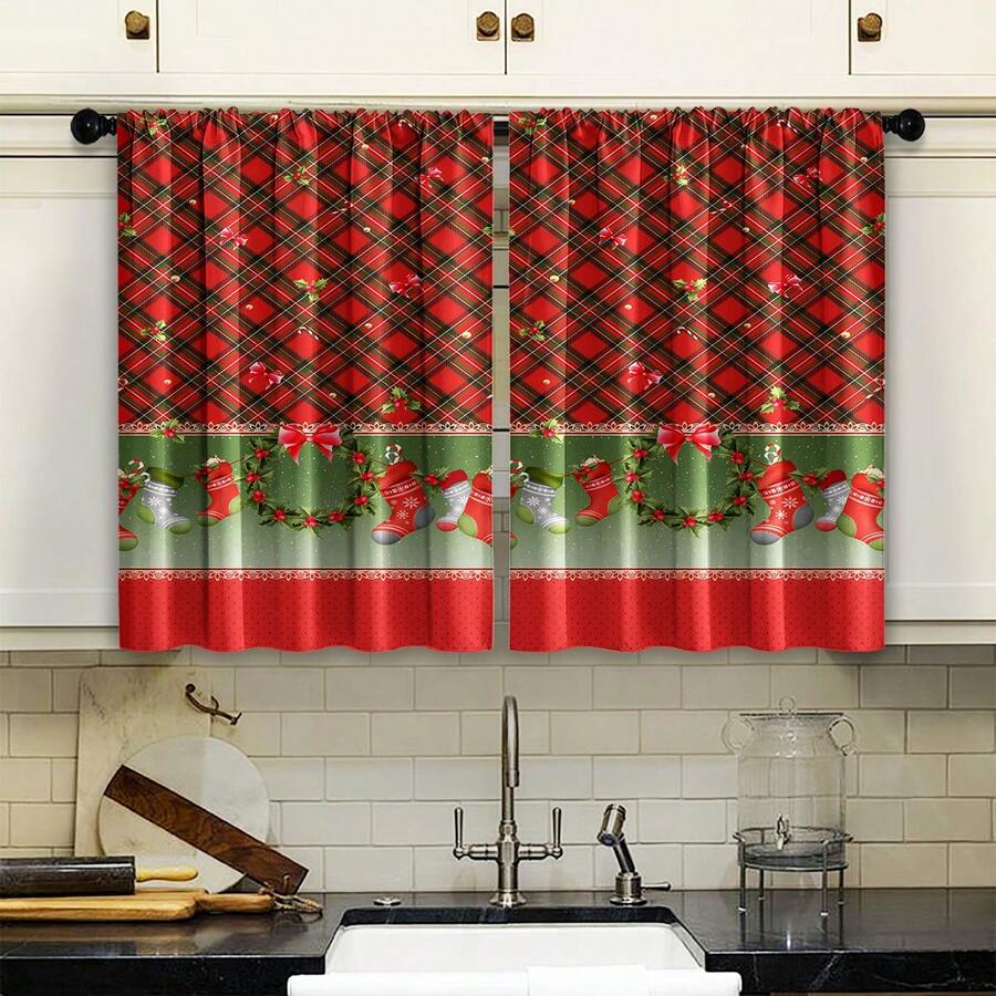 2 Stück Weihnachts-Süßigkeiten-Socken Thema Vorhänge, geeignet zum Dekorieren verschiedener Räume während der Weihnachtszeit, Aufhängestangen-Taschenentwurf für einfache Installation, hochpräziser Köpergewebe mit Rot-Weihnachtsbaum- und Schneeflocken-Süßigkeiten-Socken-Muster Heim-Dekoration Weihnachtsdekorationen Raumdekoration Weihnachtsdekorationen Zuhause