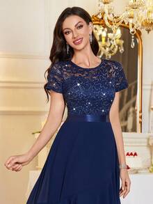 MIUSOL 亮片花卉蕾丝圆领雪纺不对称荷叶边下摆舞会派对 A 字裙 - 藏蓝色 - 查看 8