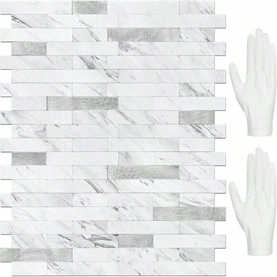 STICKGOO Peel And Stick Backsplash, PVC Wall Tiles Stick On Backsplash For Kitchen(10 Sheets, White Marble With Metal Silver)