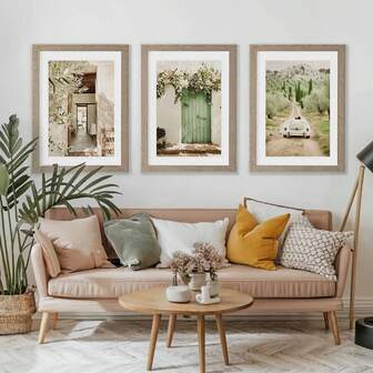 3pcs Mediterranean Canvas Wall Art Set, Sunlit Landscape & Nature Prints, Italy Travel Poster, Frameless Art Deco Classic Style, Portrait Orientation, Indoor Decor For Living Room, Bedroom, Dining Room, Bathroom, Restaurant - Unframed