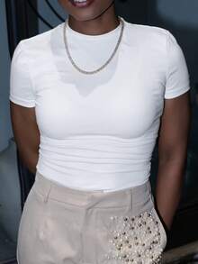 Steph T 盖袖抓绒 T 恤休闲夏季春季假期胶囊衣橱日常机场度假秋季返校秋季冬季 - 白色 - 查看 6