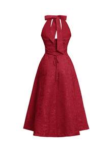 Unadoll Women's Winter Sexy Bareback Hanging Neck Collar Strap 3D Jacquard Fabric Elegant Dress, Suitable For Dinner, Date, School Start, Cocktail Party, Wedding Event, Christmas, Thanksgiving