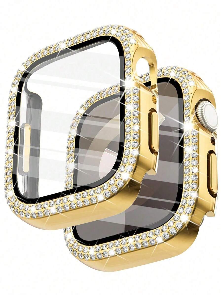 Compatible With Apple Watch Case With Hd Ultra-Thin Tempered Glass Screen Protector, Double Row Of Sparkling Crystal Rhinestone Rhinestones, Drop-Proof And Scratch-Resistant Hard Pc Ultra-Protective Cover, Compatible With Apple Watch Series 11/10/9/8/7/6/5/4/Se, 40/41/42/44/45/46mm Protective Case For Women - Gold - View 1