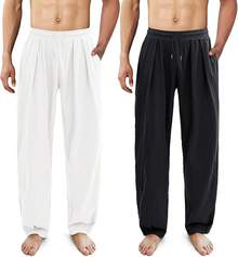 ESTAMICO Men's Cotton Linen Casual Yoga Pants Loose Fit Elastic Drawstring Waist Summer Beach Pant - 黑色+白色(2個裝) - 查看 1