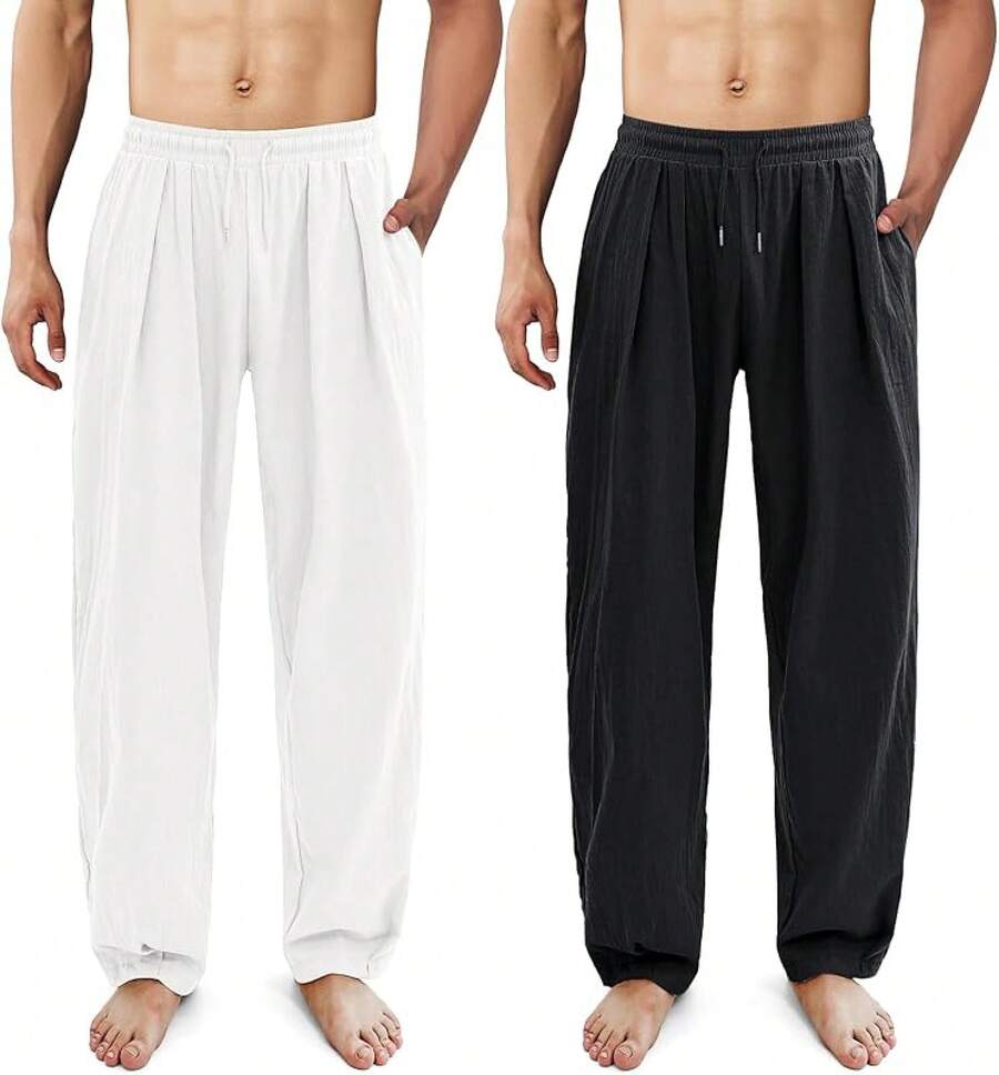 ESTAMICO Men's Cotton Linen Casual Yoga Pants Loose Fit Elastic Drawstring Waist Summer Beach Pant - 黑色+白色(2個裝) - 查看 1
