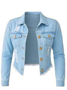 Women's Denim Jacket, Long Sleeve, Beige, Frayed, Premium Line - 蛋白絲 - 查看 1