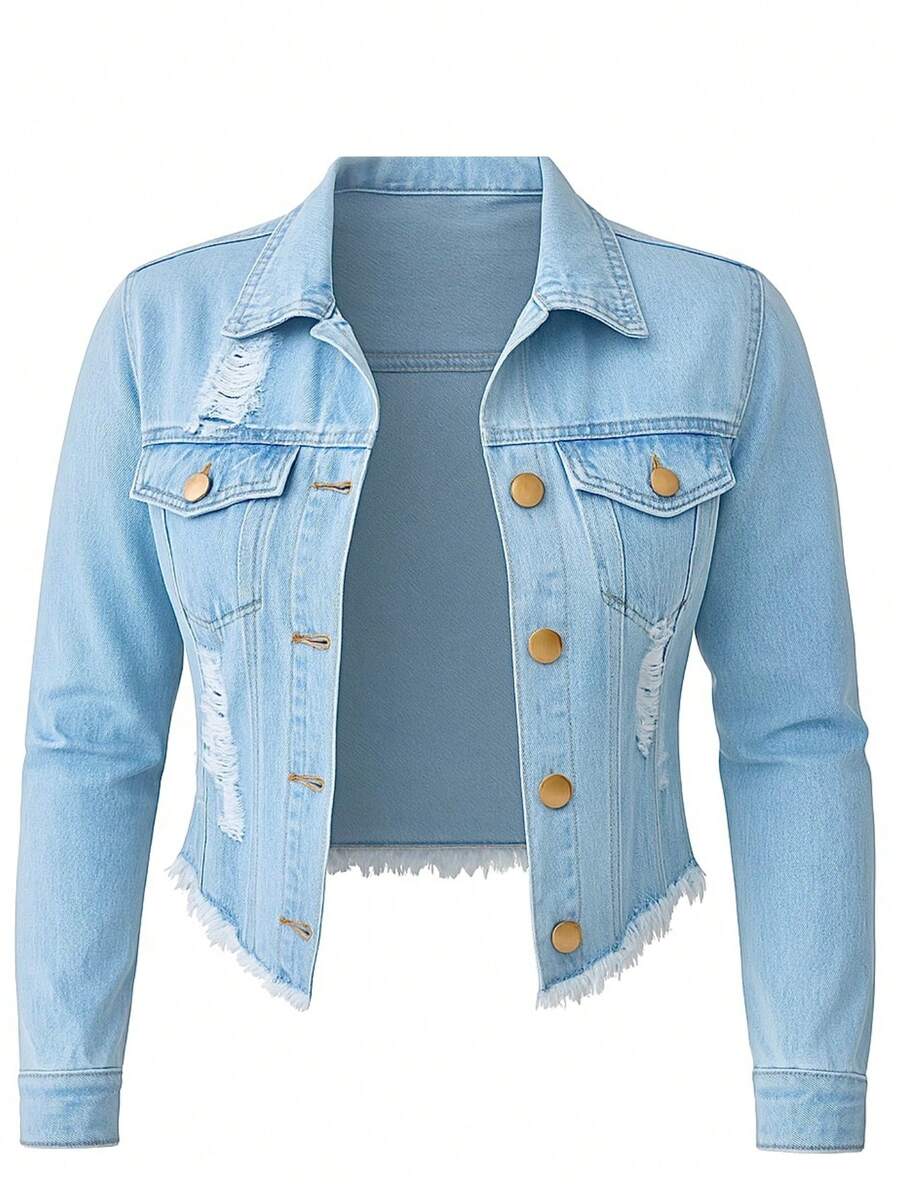 Women's Denim Jacket, Long Sleeve, Beige, Frayed, Premium Line - 蛋白絲 - 查看 1