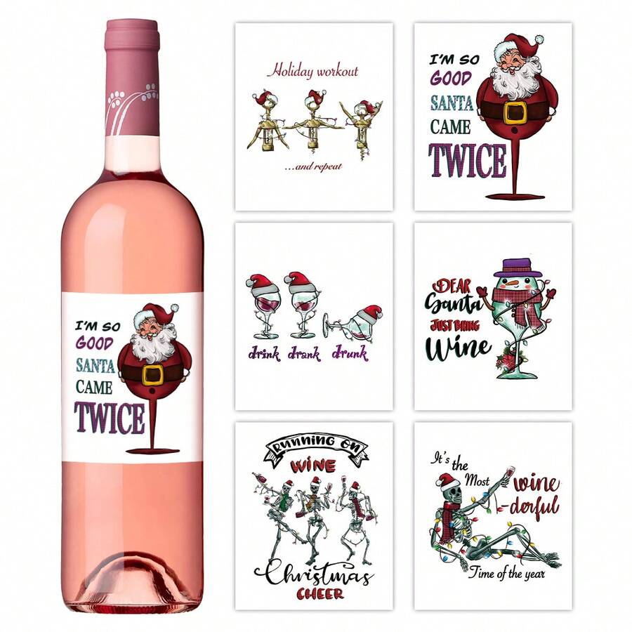 6pcs Funny Christmas Wine Bottle Labels, Interesting Cartoon Pattern Design, Perfect Gift For Family Friends, Birthdays & Parties, Creative Holiday Party Decorations, Best For Christmas