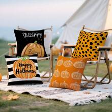 4 Stücke Halloween Kürbis Muster Kissenbezug Set, einseitig Muster