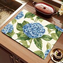 1 Stück Blau Hortensie & Grün Blatt Muster Saugfähige Matte, Küchen Arbeitsplatten Geschirr Abtropfmatte mit Gummiboden, Party Dekoration, Super Saugfähig Flecken verbergend Teller Abtropfmatte, Saugfähig Weich Diatomeenerde mit Gummi Rückseite Multifunktions Küchen & Heim Matte, Geeignet für Kaffeemaschine Geschirrständer Schnell Trocknende Matte, Küchen Arbeitsplatte Kaffeetasse Geschirr Abtropfmatte