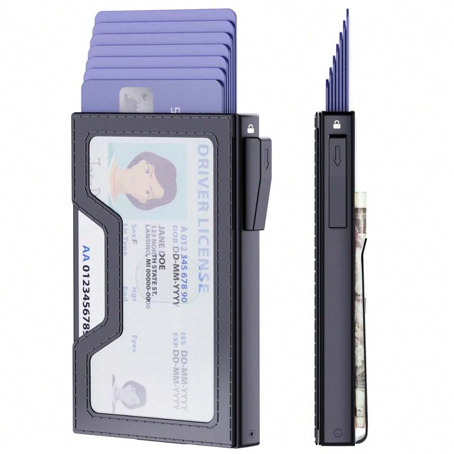 Cartera delgada minimalista para tarjetas de crédito, cartera de aluminio con bloqueo RFID para hombres, cartera de metal con ventana transparente para identificación, clip para billetes, clips para dinero para mujeres, billetera pequeña, cartera de viaje, accesorio de verano - Negro - Ver 1