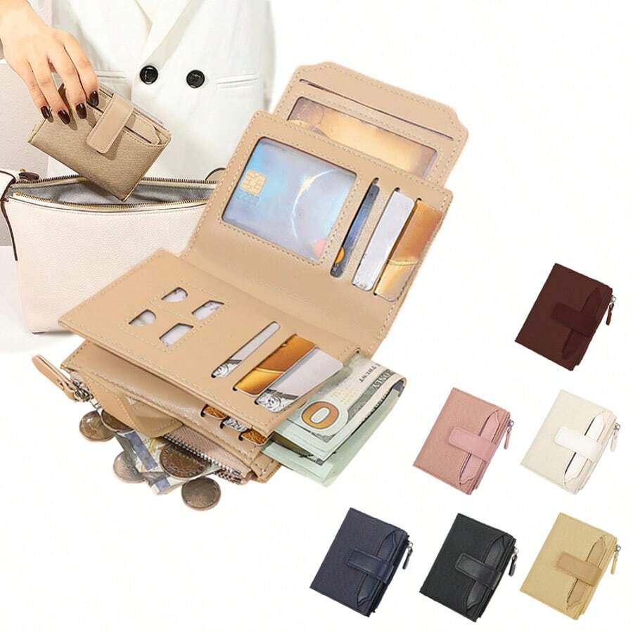 Portafoglio donna di grande capacità di OBCREATOR - Portafoglio compatto tri-fold con blocco RFID, finestra per ID, molteplici slot per carte e tasca per contanti, accessori color oro, beige/nero/blu navy, per viaggi e uso quotidiano, regalo di moda elegante per donne, conservazione sicura, design elegante, hardware robusto, per amanti della moda