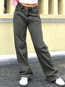 Large Size Women's Simple Casual Loose Straight Tube Y2K Pocket Bow Embroidery Washed Denim Pants - Grey - View 2
