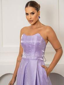 Debutante Party Dress, Prom, Bridesmaid Wedding, Strapless, Zibeline Gloss - 紫丁香 - 查看 3