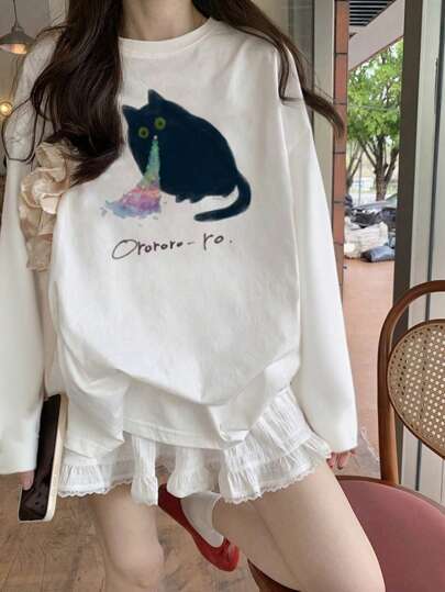 T-Shirt Long Sleeve Autumn Ladies Fashion T-Shirt Office Casual 210g Cotton Character Print Loose Fit Black Y2K Ladies Tops