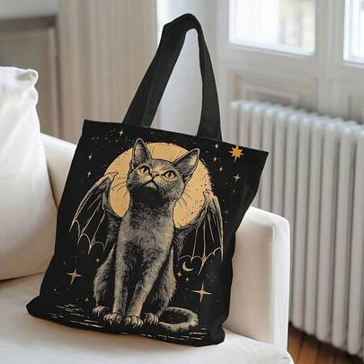 Bolsa de lona con impresión de gato negro con alas de estilo gótico vintage por ambos lados, bolsa de almacenamiento portátil de estilo academia de animales, bolsa de playa de ocio, bolsa de diseño estilo academia bohemia, bolsa de la compra, adecuada para el hogar, ir y venir, vacaciones, escuela, regalos, 16in*14in