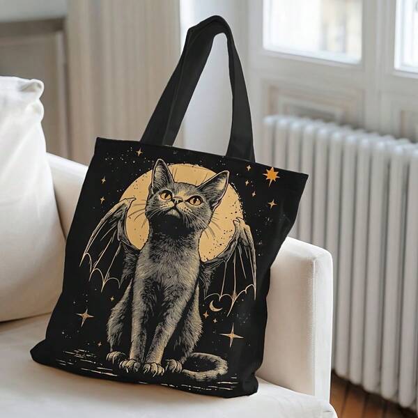 Bolsa de lona con impresión de gato negro con alas de estilo gótico vintage por ambos lados, bolsa de almacenamiento portátil de estilo academia de animales, bolsa de playa de ocio, bolsa de diseño estilo academia bohemia, bolsa de la compra, adecuada para el hogar, ir y venir, vacaciones, escuela, regalos, 16in*14in