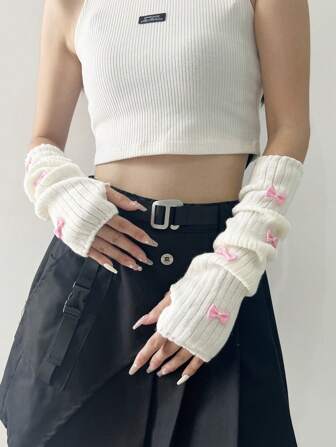 1 Pair Solid Color Bowknot Arm Warmers, Basic White/Black Fingerless Knitted Gloves, Streetwear/Anime Style, Suitable For Sports, Dates, Daily Wear, Birthday Parties