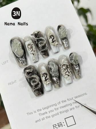 1 st/10 st. handgjorda ljusa lyxiga drake bärbara nagelklistermärken drake exklusiva bärbara naglar långa avtagbara svarta serier nagelkonst lätta lyxiga press-on naglar nageltillbehör naglar