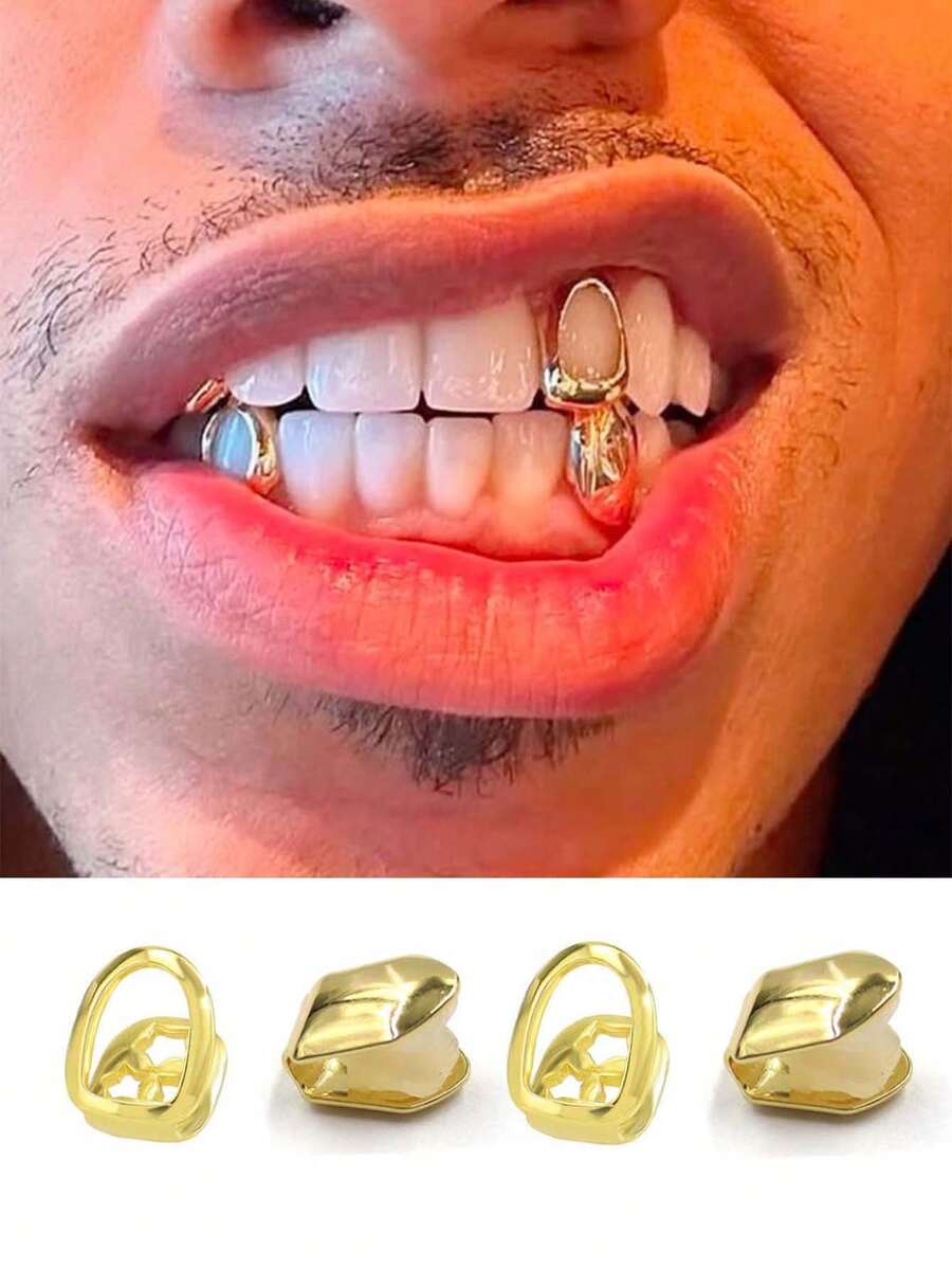 1 conjunto de grelhas de dentes hip-hop com combinação de contas duplas vazadas clássicas, metal liso, para uso diário e decoração de palco - Multicolorido - Ver 1