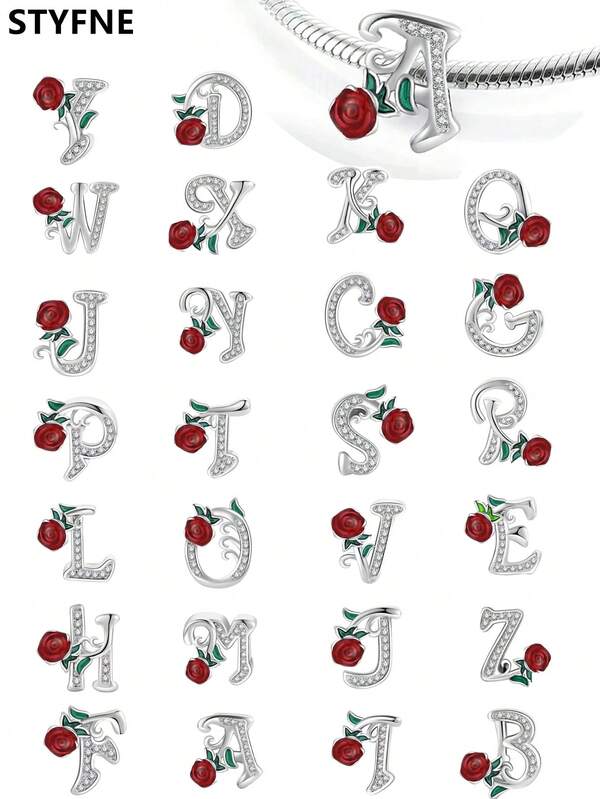 STYFNE 1 pieza Serie de rosas que brillan en la oscuridad con 26 letras de cuentas, adecuado para pulseras DIY, joyería de mujer, regalo pequeño hecho a mano para uso diario