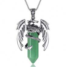 XIANNVXI Crystal Healing Stone Necklace For Men Women Amethyst Vintage Dragon Necklace Cool Simple Retro Natural Reiki Spirtural Witch Gemstone Pendant Jewelry-901744 - C-綠色東陵石 - 查看 2