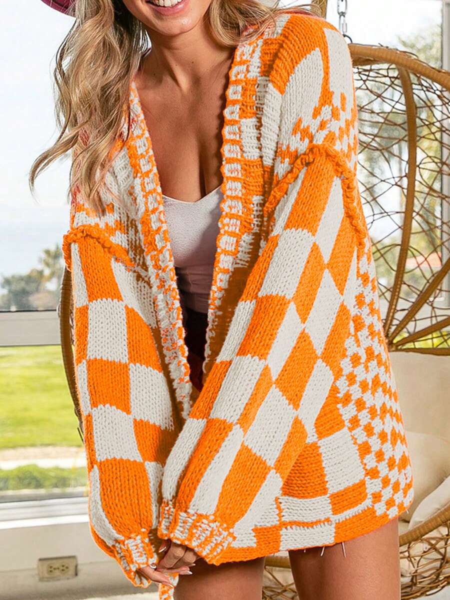 前开式混合格纹针织开衫 - 橘色 - 查看 1