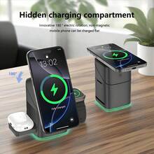 محطة شحن لاسلكية 3 في 1، محطة شحن لاسلكية محمولة، حامل شحن لاسلكي قابل للتدوير، مناسب لموديلات هواتف محمولة وسماعات رأس متنوعة، متوافق فقط مع ساعات أبل