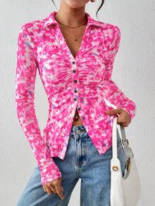 Women Button Down Floral Shirts  Fall Long Sleeve V Neck Ruched Fitted Mesh Blouse Tops Date Outfits Valentine's Day Vacation Fall Clothes For Women - Hoa hồng hồng - Xem 1