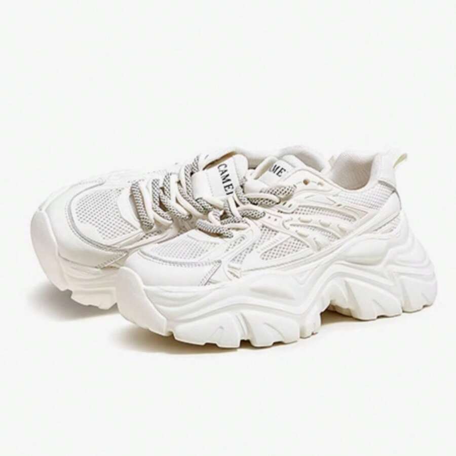 CAMEL CROWN 女士夏季新款透气杏色厚底休闲运动鞋 - 米色 - 查看 1