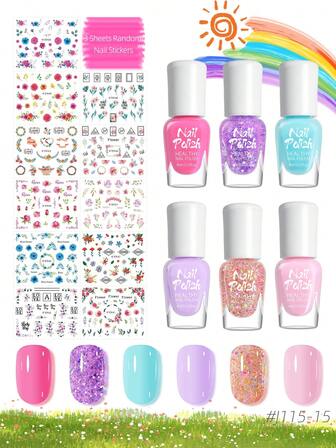 9 件（6 件指甲油 + 3 件指甲贴）儿童可剥离水性指甲油和指甲贴套装，女孩纯色美甲闪光指甲油，适合春夏季的糖果/马卡龙颜色，彩色花卉 DIY 指甲贴，适合儿童美甲设计，可爱有趣的沙龙配件，节日庆祝，学校礼物