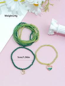9件装绿色种子珠心形吊坠手链套装，适合日常佩戴，沙特国庆节节日礼物 - 綠色 - 查看 2