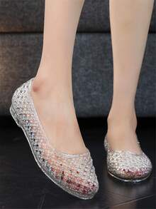 Women's Flat Sandals, New Hollow Out Crystal Jelly Shoes, Waterproof Plastic Shiny Beach Shoes