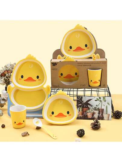 Süßes kleines gelbes Enten Geschirr-Set - 4 Stücke Melamin-Unterteiltes rutschfestes Schüssel-Set - Bruchsicher und Material - Baby-Essgeschirr für Kinder im Alter von 1-5 Jahren - Attraktives gelbes Design