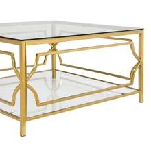 Square Glass Coffee Table In 33.5", Luxurious Geometric Metal Frame, Gold Finish & Lower Shelf, Transparent