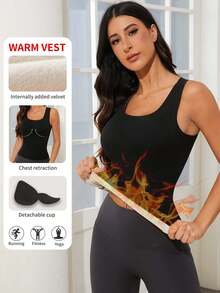 一件秋冬季保暖加厚吊带背心，二合一设计，内置杯托，方领无袖上衣，休闲运动外套，百搭女士背心