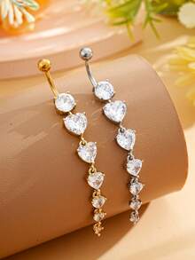1pc Golden Long Pendant With 6pcs Zirconia Heart Shape Inlaid Navel Ring, Stainless Steel Belly Button Piercing Jewelry For Daily Wear
