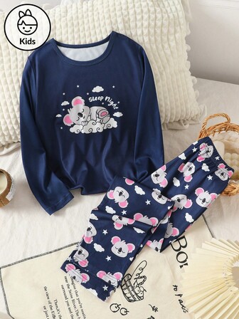 2 件女童睡衣套装，可爱考拉印花圆领长袖 T 恤上衣和休闲全印花长裤睡衣套装，秋季