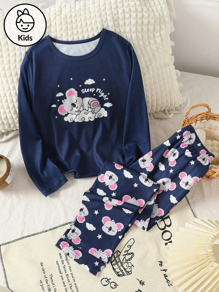 2 件女童睡衣套装，可爱考拉印花圆领长袖 T 恤上衣和休闲全印花长裤睡衣套装，秋季 - 寶藍色 - 查看 1