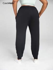 大码女式宽松抽绳腰带口袋运动裤，纯黑色，休闲运动风（2025秋冬瑜伽健身紧身裤） - 黑色 - 查看 11