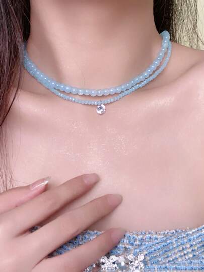 1 pieza Delicado collar con cuentas azules marinas y piedra de circonia, diseño único de collar de gargantilla minimalista, adecuado para uso diario o fiestas de las mujeres