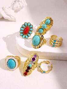 7 件复古绿松石和金色戒指套装，女士时尚珠宝，日常佩戴