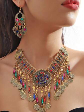 Elegant Exotic Vintage Mixed-Color Necklace & Earrings Jewelry Set For Women, Versatile Accessory For Gala, Party, Travel, Gift