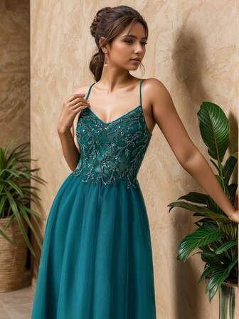 A Line Contrast Sequin Evening Prom Dress Spaghetti Straps Contrast Mesh Formal Homecoming Dress