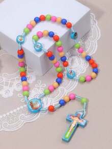1pc Affordable Stylish Religious Rosary Beaded Necklace, Colorful Catholic Rosary Prayer Beads, Cartoon Baptism Cross Pendant Sweater Chain, Christian Cross Necklace