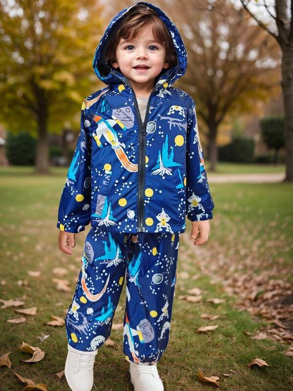 Conjunto de chaqueta impermeable con capucha y pantalones para niños pequeños, con estampado de cohete y espacio