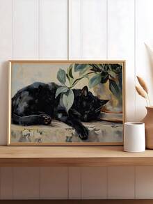 1pc Vintage River Carp Canvas Posters Funky River Fish Landscape Wall Art Rustic Koi Aesthetic Prints Painting, Black Cat Wall Art Sleeping Cat With Plant Picture Canvas Posters Cute Animals Wall Art