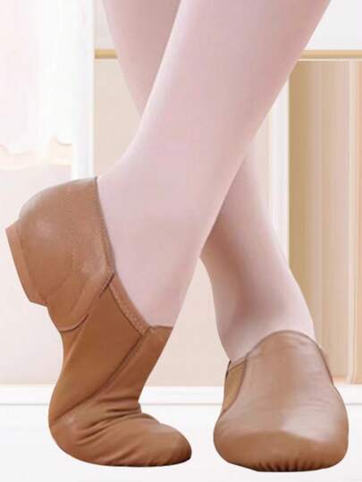 Soft Leather Jazz Shoes For Teen, Lightweight Brown Flat Shoes For Teen, Unisex Dance Shoes,EVA Split Sole