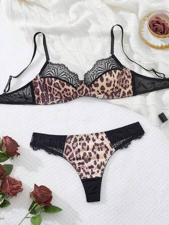 2pcs Women's Sexy Lingerie Set, Leopard Print Series With Lace Trim Sexy Underwear Set